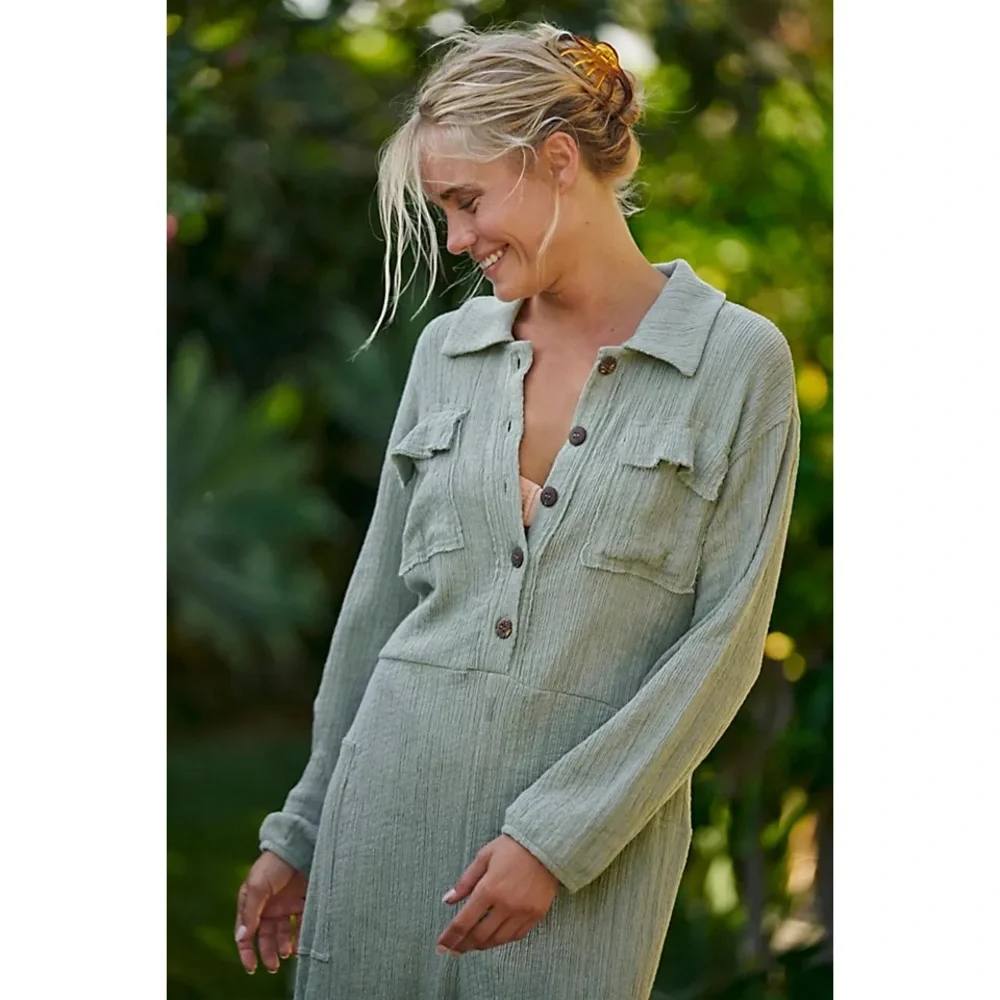Free People Beach Calico One Piece Utility Jumpsuit - Sage Green